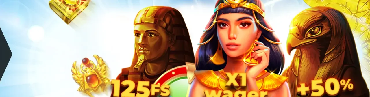 Casper Spins welcome banner with Egyptian artwork and 125 free spins